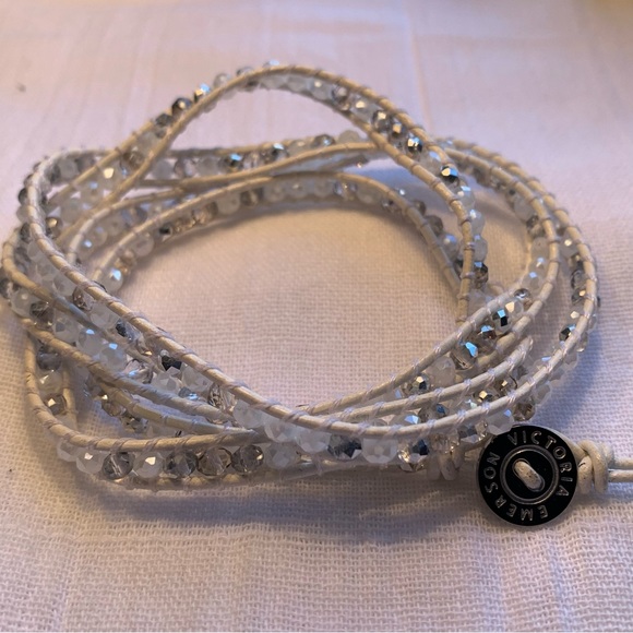 Victoria Emerson Vegan Bracelet Genuine Crystals and Beads on Waxed White Cord - Picture 4 of 5